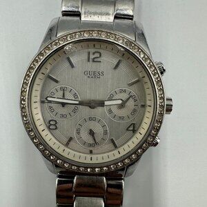 Guess Steel Watch Women Silver Tone Chronograph Crystal Bezel New Battery 7"